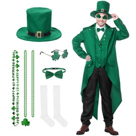 Metaparty St Patrick's Day Costume for Adult Men with Steampunk Green Top Hat Bow Tie Glass Necklace for St Patrick's Day(L)