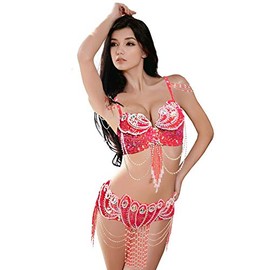 ROYAL SMEELA Belly dance Costume Set Professional For Women Carnival Bellydance Bra and Belt, Red, Large