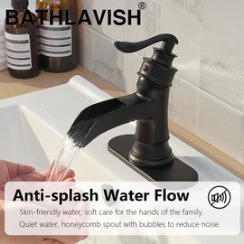 BATHLAVISH Bathroom Faucet Black Waterfall Farmhouse Single Hole Matte Black Sink Vanity Lavatory with Pop Up Drain with Overflow Deck Mount Single Handle Basin Mixer Tap