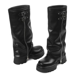 Lyrisiphy Knee High Boots Women Fold Over Slouchy Boots Black Platform Chunky Heel Non-slip Round Toe Wide Calf Tall Moto Riding Boots with Metal Buckle Zipper