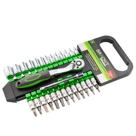 brackit 28 Pc Socket Wrench Bit Set 72 Tooth Reversible Ratchet, with Push Button Quick Release, Includes Extension Bar, Made from Hardened Chrome Vanadium Steel.