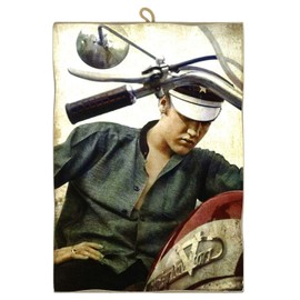 KUSTOM ART Vintage Style Picture Elvis Presley on Motorcycle Print on Wood Shaped 25 x 18 cm