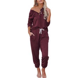 FIOPHY Women's 2 Piece Outfits Lounge Sets Long Sleeve Tops and Jogger Sweatpants Track Sweats Suits Loungewear Pajama Sets Burgundy XL