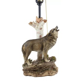 Ebros Gift Rustic Wildlife Grey Wolf Howling By Birchwood Tree Table Lamp With Laced Shade