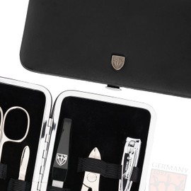DREI SCHWERTER - Germany Manicure Set 'Sanremo' | High-Quality Nail Care Set in Black Faux Leather Case | Contents: Nail Scissors, Cuticle Scissors, Nail Clippers, Tweezers, Sapphire Nail File and