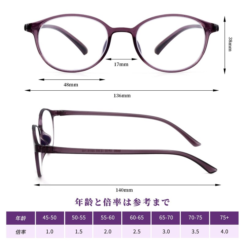 [Soarea] 丸型老眼鏡 おしゃれ パープル リーディンググラス超軽量柔らかいフレームシニアグラス ブルーライトカット老眼 鏡 お洒落丸メガネ7103 (パープル, 1.5