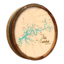 Northwest Art Mall Lake Cumberland Kentucky Map Solid Oak Barrel End w/Metal Rim from Illustration by Lakebound 21" x 21"