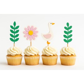 Silly Goose Cupcake Toppers – 12 Pack Multilayer Cardstock Decorations | Duck, Flower & Leaf Design Picks for Baby Shower, First Birthday, Spring Parties