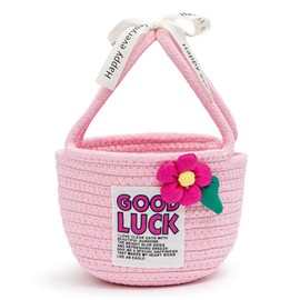 Lianxuia Pink Toy Storage Basket with Handle, Good Luck Woven Cotton Rope Gifts Basket, 7.08 x 4.33 Inch Small Baby Shower basket Organizer for Towels, Blanket, Toys, Clothes, Gifts