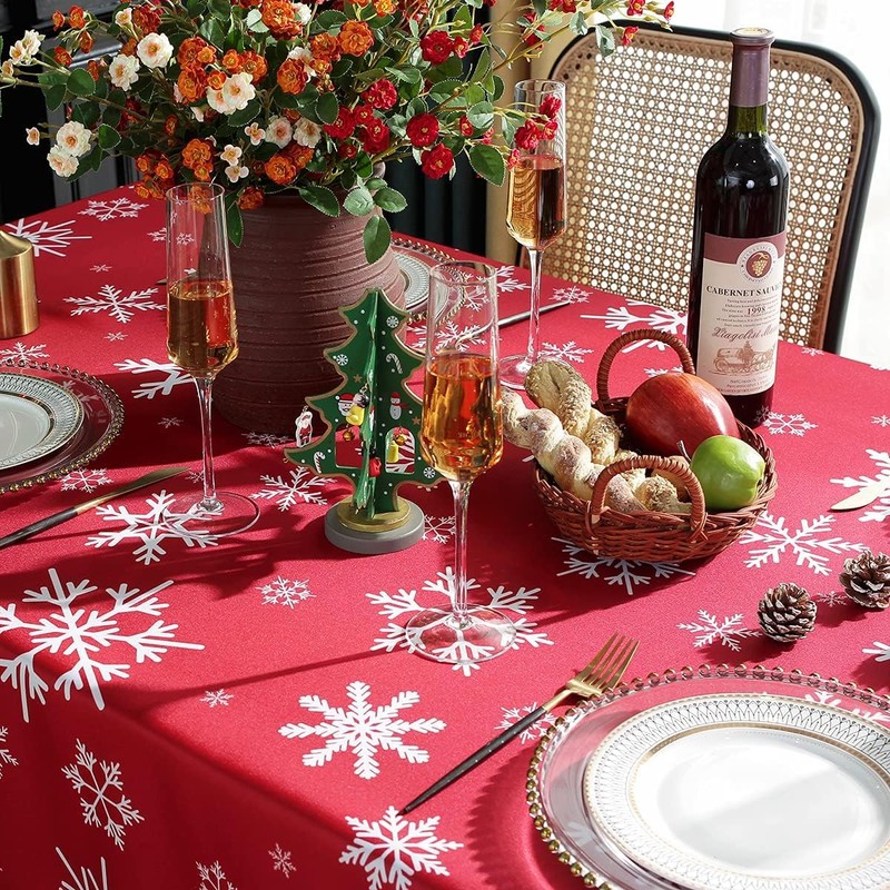 Round Christmas Tablecloth Winter Table Cloth with Snowflake Decorations, Heavy