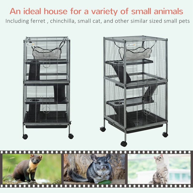 PawHut Metal Small Animal Cage, 4-Tiers Rolling Big Ferret Cage