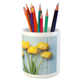Ambesonne Tulip Pencil Pen Holder, Yellow Flowers on Old Wooden Rustic Background Valentines Romantic Theme, Ceramic Pencil Holder for Desk Office Accessory, 3.6" X 3.2", Yellow Green Pale Blue