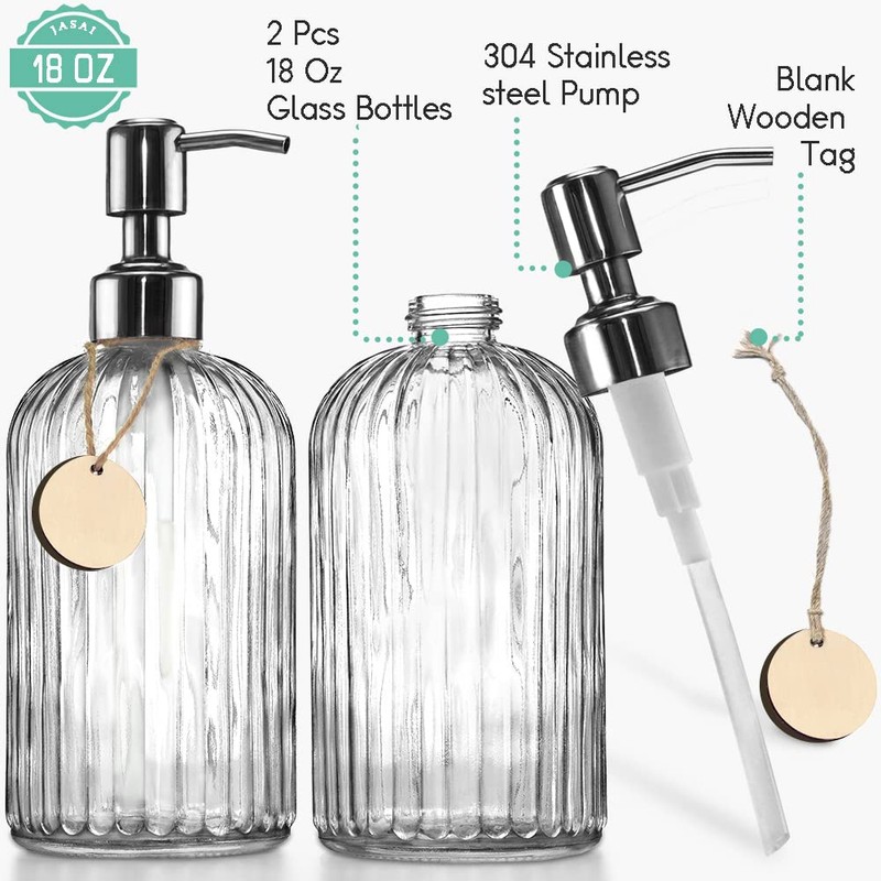 JASAI 2PACK 18 Oz Glass Soap Dispenser with Rust Proof