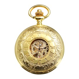 TREEWETO Men's Mechanical Roman Numerals Dial Skeleton Pocket Watches with Gift Box and Chains for Mens Women Gold