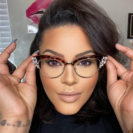 Zeelool Women's Trendy Rhinestone Oversized Cat Eye Glasses with Non-prescription Clear Lens Hearn VFX0060-02 Tortoise