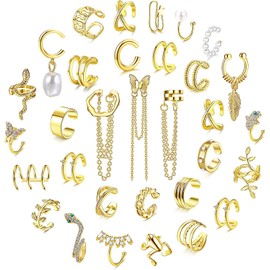 Kakonia 32Pcs Ear Cuff Earrings Set Clip On Wrap Earrings Non Piercing Cartilage Dangle Chain Earring Cuffs for Women Adjustable Snake Butterfly Ear Clip Fake Helix Wrap Ear Clip Earrings