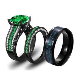 Two Rings His Hers Wedding Ring Sets Couples Matching Rings Women's Black Gold Filled Green CZ Wedding Engagement Ring Bridal Sets Men's Stainless Steel Wedding Band, Crystal stone Metal, Cubic