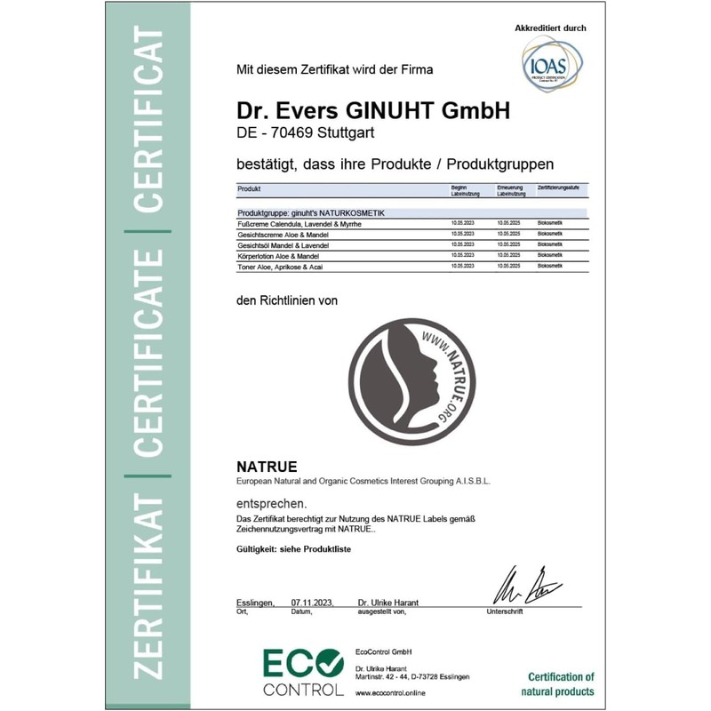 ginuht's Natural Cosmetics Foot Cream 100% Organic for Intense Moisture