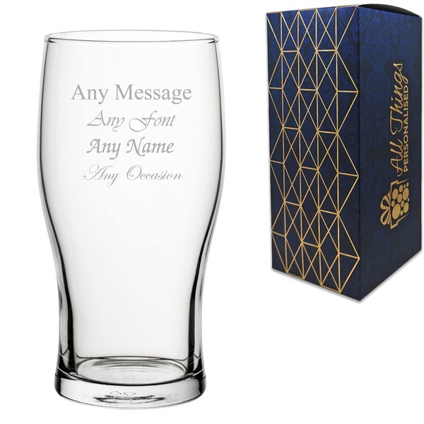 Personalised Engraved Pint Glass, Personalise with Any Message for Any Occasion, Stylize with a Variety of Fonts, Gift Box Included, Laser Engraved, Toughened Tulip Pint Glass