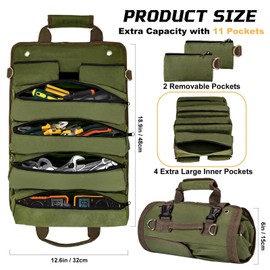 Cioew Ayag Roll Up Tool Bag, Heavy Duty Tool Roll Bag with 4 Pockets and 2 Detachable Pouches, Tool Organizer Tool Roll Up Bag for Dad, Mechanic, Electricians, Repairman, Green