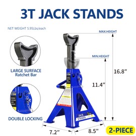 5 Piece Heavy Duty Floor Jack/3T Jack Stands/Tire Repair Kit and L-Wrench Combo - Great for Service Garage Home Uses - 2 Ton 4,000 lbs, Lifting Range 3.3" - 15.2", Heavy Duty Steel, Blue