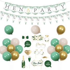 Jollyboom Hen Party Decorations Set Sage Green, Hen Party Green White Gold Balloons Hen Do Banner Hen Party Bunting Photo Booth Props for Bridal Shower Engagement Bachelorette Party Supplies