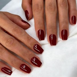 Uñas postizas de gel suave, color rojo cereza oscuro, cortas, cuadradas, brillantes, de cobertura completa, con pegamento, reutilizables, fáciles de a