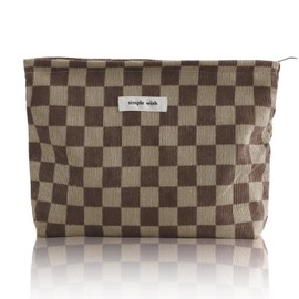 Wudygirl Travel Cosmetic Bag Checkered Makeup Bag Canvas Makeup Pouch for Women Toiletry Pouch Large Capacity Make up Organizer with Zipper Aesthetic (Brownish Checkered)