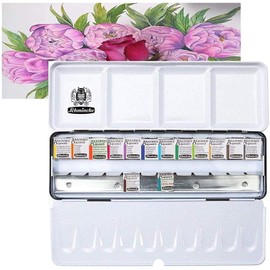 Schmincke Akademie Watercolour Painting Box Metal Box 14 x 1/2 with Da Vinci XS Synthetic Brush Voyage Bowl