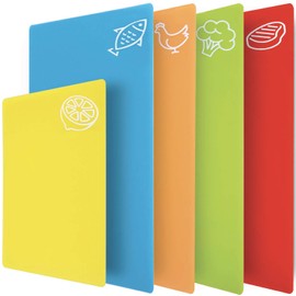 Gorilla Grip Original Set of 5 Flexible Plastic Cutting Boards, 4 Large Plus Small Board, Gripped Backing, Dishwasher Safe, Non Porous, Durable Chopping Mats, Food Icons, Multi Color