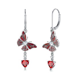 Gnteey 925 Sterling Silver Butterfly Earrings Heart Cut Garnet Amethyst Emerald Leverback Dangle Earrings for Women, Sterling Silver, Garnet