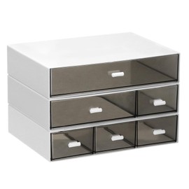 QWORK Desk Organizer - 3-Tier Stackable Storage Drawers with 6 Compartments, Bathroom Organization Boxes for Makeup, Jewerly, Bathroom Accessories, Office Supplies (White)
