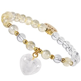 TUMBEELLUWA Healing Crystal Beads Bracelet with Heart Charm for Women Energy Quartz Stone Beads Bracelet with Engraved Love Metal Pendant, Citrine Stone