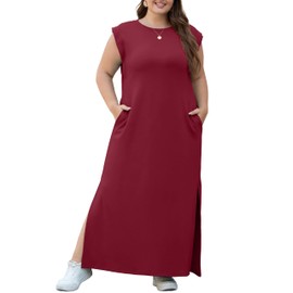 OLRIK Plus Size Maxi Dress Summer 2025 Round Neck Casual Loose Split Wrinkle-Free Long Sundress with Pockets Wine Red-3X