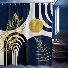 QGHOT Mid Century Modern Navy Blue Shower Curtain Boho Dark Blue and Gold Leaves Shower Curtains for Mens Bathroom Decor Sets, Waterproof Cloth Fabric with Hooks, 70x72in