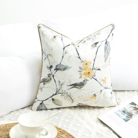 VOGOL Linen Textured Throw Pillow Covers, Grey Sparrows Print Soft Touch Accent Cushion Covers with Piped Edge, 20x20 Inch Square Pillowcase for Sofa Living Room, 1 Piece