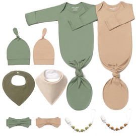 2PK Ultra Soft Knotted Newborn Sleep Gown for Baby Girls Boy- Coming Home Hospital Outfit with Hat, Bow, Clip & Drool Bib Set