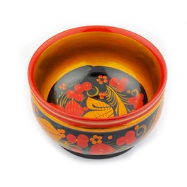 Needzo Russian Khokhloma Bowl Decorative Painting Wooden Serving Bowl Berries Red Gold Floral Design Lacquered 4 3/4 Inch