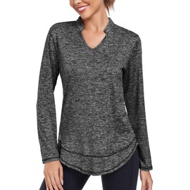 Absttith Moisture Wicking Long Sleeve Workout Tops for Women Yoga Hiking Shirts V Neck Sport Golf Tee Black Small