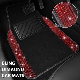CAR PASS Bling Diamond Car Floor Mats, Shining Rhinestone Carpet Sparkly Glitter Crystal with Anti-Slip PVC Heel Pad Waterproof Universal Fit Automotive SUV,Sedan,Van,Cute Girl Women,4pcs Black Red