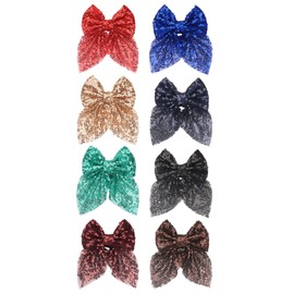 DED 8PCS Sequin Hair Bows with Tails 4.5" Glitter Sparkly Hair Bows Hair Clips Christmas Birthday Gift for Baby Girls Kids Teens