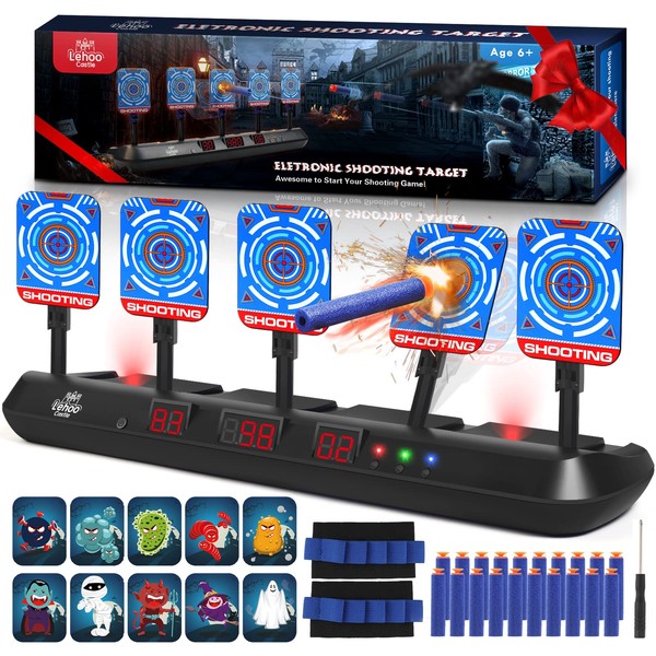 Lehoo Castle Nerf Target, Digital Shooting Target for Nerf Guns, Electronic Auto Reset Scoring Target with 20 Refill Darts & 2 Wrist Bands, Toys for 6-13 Year Old Boys & Girls, Outdoor Games for Kids