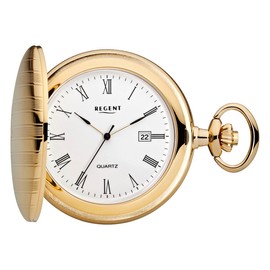 REGENT Men's Pocket Watch Savonnette Flip Cover 47 mm Quartz White Dial Roman Numerals Date, P-738 - Gold, Classic
