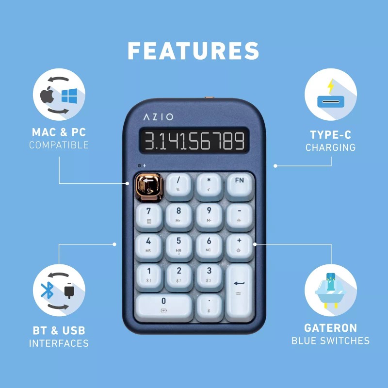 AZIO IZO Wireless Mechanical Calculator & Number Pad (Blue/Gold) -