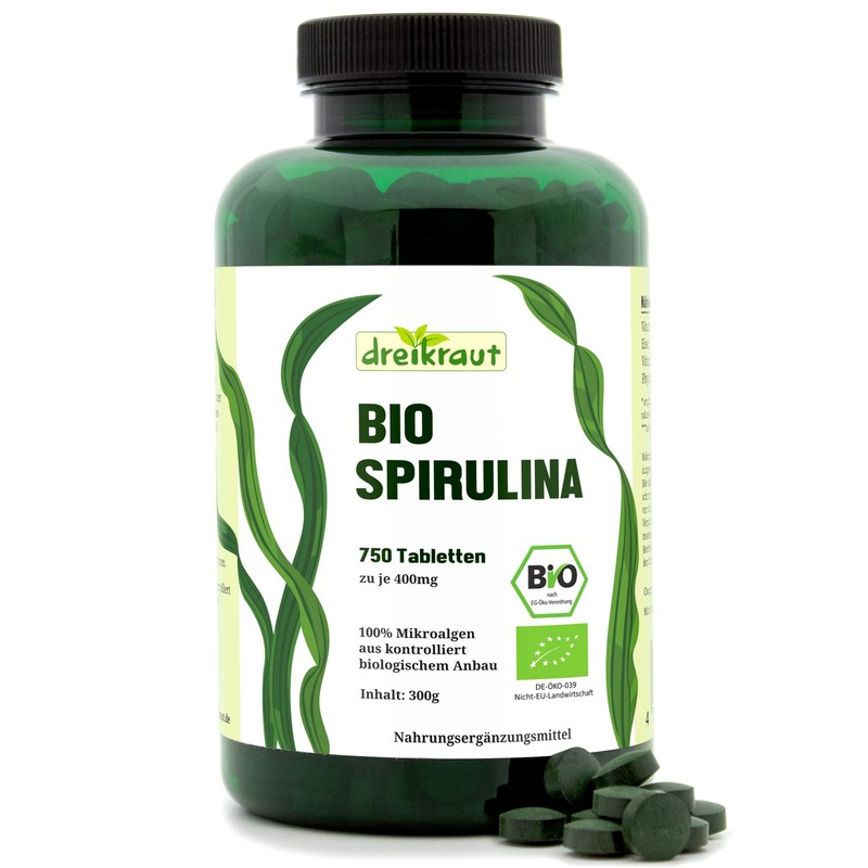 dreikraut Bio Spirulina, 750 Pellets, 4 Month Supply, Controlled Aquaculture,