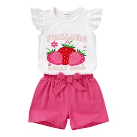 YOUNGER TREE Toddler Baby Girls Clothes Sunflower T-shirt + Bowknot Shorts with Cute Summer Girl Clothes Set(Strawberry,2-3T)