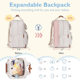 mommore Diaper Bag Backpack, Large Diaper Bag Expandable for 2 Kids/Twins, Durable Baby Bag with Changing Pad, Water Resistant Travel Diaper Backpack for Mom Dad