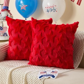 DFXSZ 4th of July Pillow Covers 18x18 inch Set of 2 4th of July Decor Red Stars Decoration Soft Plush Faux Fur Jacquard Throw Pillows Independence Day Decorations for Bedroom Sofa Holiday PTK025B18