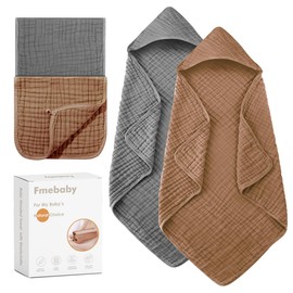 Fmebaby Hooded Baby Towels for Newborn, 2 Pack 36x36Inch Muslin Cotton Baby Bath Towel and 2 Pack 12x12Inch Washcloth Set with Hood for Babies, Toddler and Kids, Essentials Must Haves(Grey and Coffee)