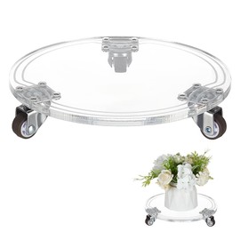 BENECREAT Acrylic Plant Caddy Heavy Duty 25Kg /55lbs Capacity, 8.6inch Clear Round Plant Stand with 3 Rubber Wheels, Lockable Pot Dolly Holder for Indoor Outdoor Potted Planter